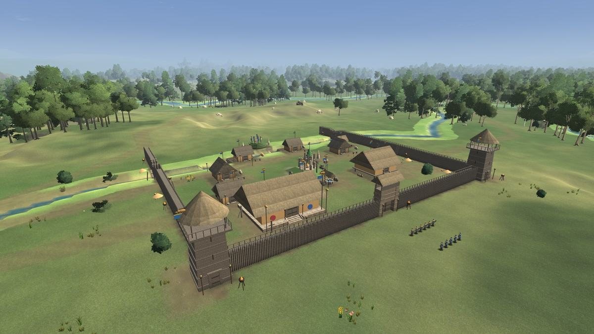 A Celtic fort with timber walls and watchtowers on a green hill
