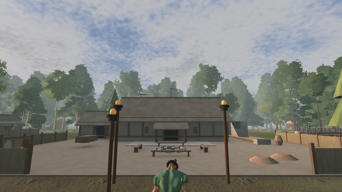 The leader seen from behind, standing in a Dacian town between two lit torches