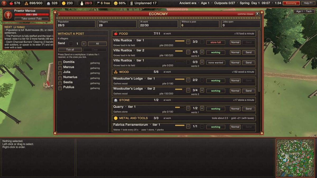 The economy window listing every workplace, its workers and its output