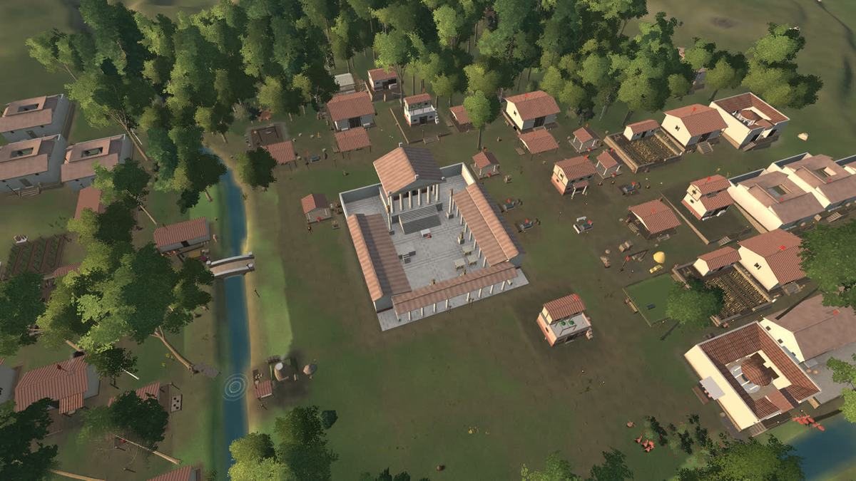 A Roman town seen from above, with a forum, tiled houses, a stream and trees